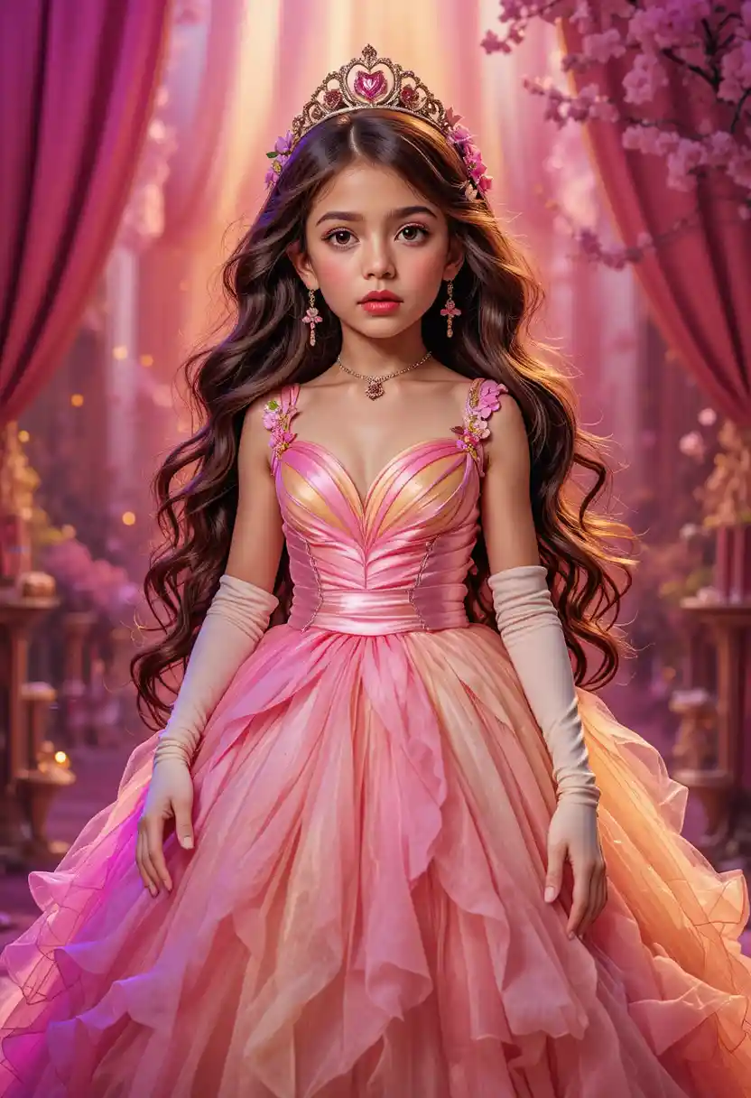 Anxious tween in colorful dress under bright stage spotlight
