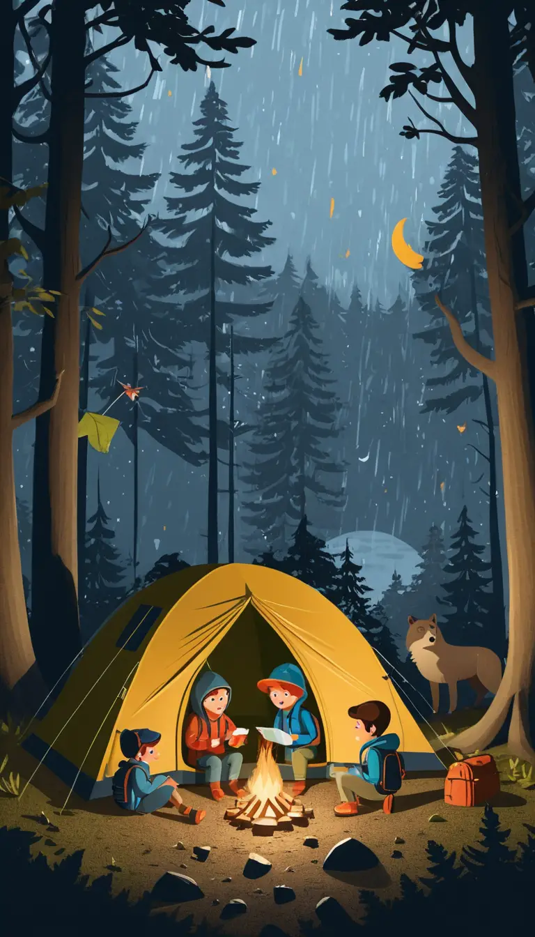 Clay style children's camping tents in a rainy night forest