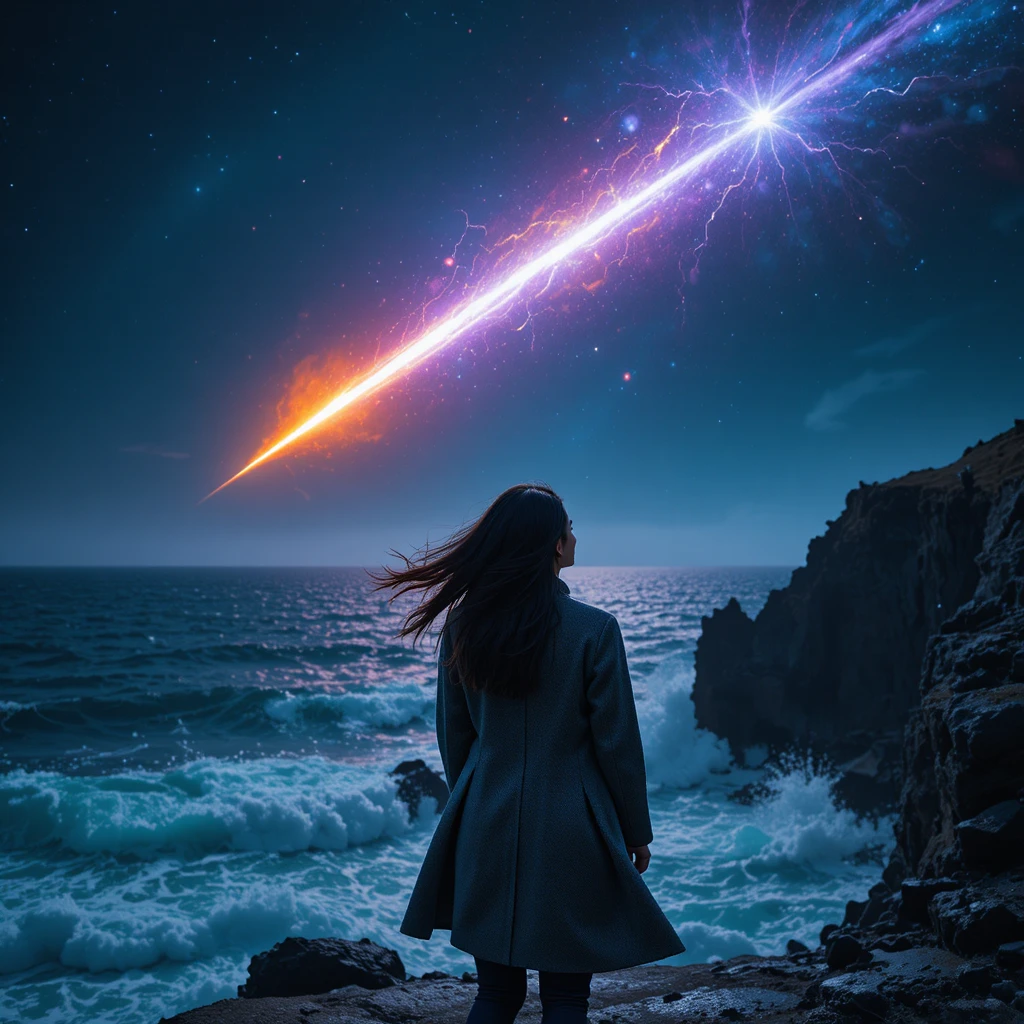Mujer contemplando un meteorito ardiente sobre un océano tormentoso