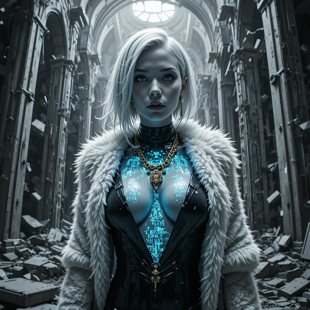 Cinematic cyberpunk heroine in collapsing orbital data cathedral
