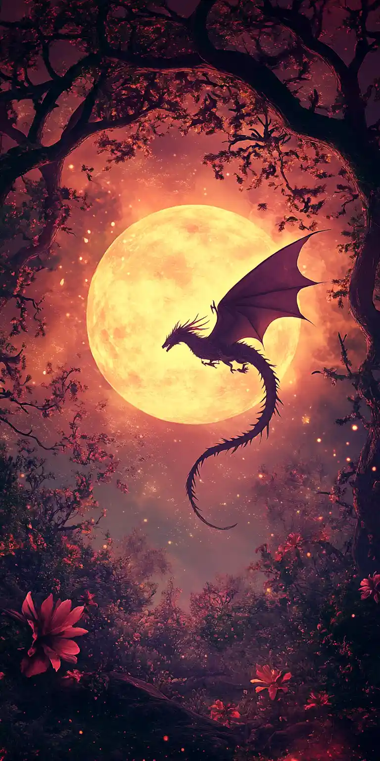Winged dragon silhouetted against a glowing twilight sun