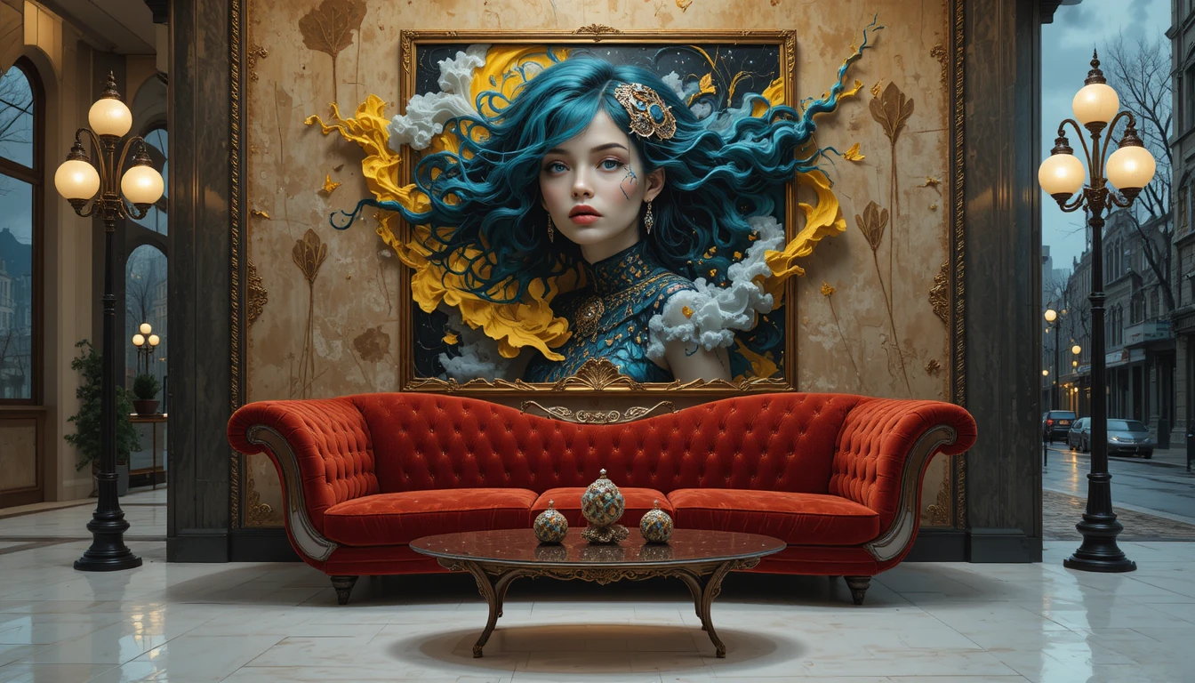 Surreal red velvet sofa before swirling cosmic painting