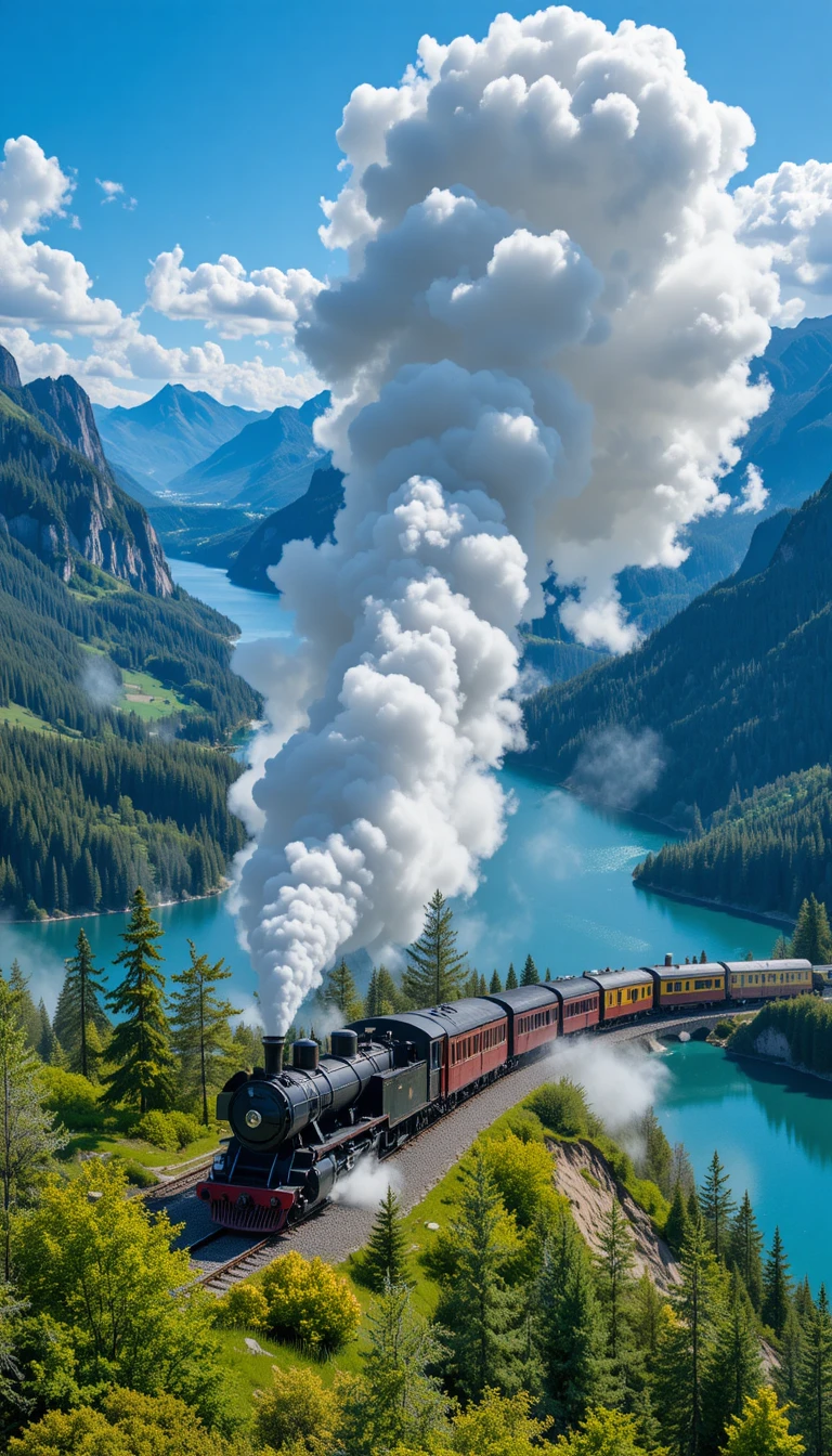 Steam train crossing a lush mountain landscape with lakes