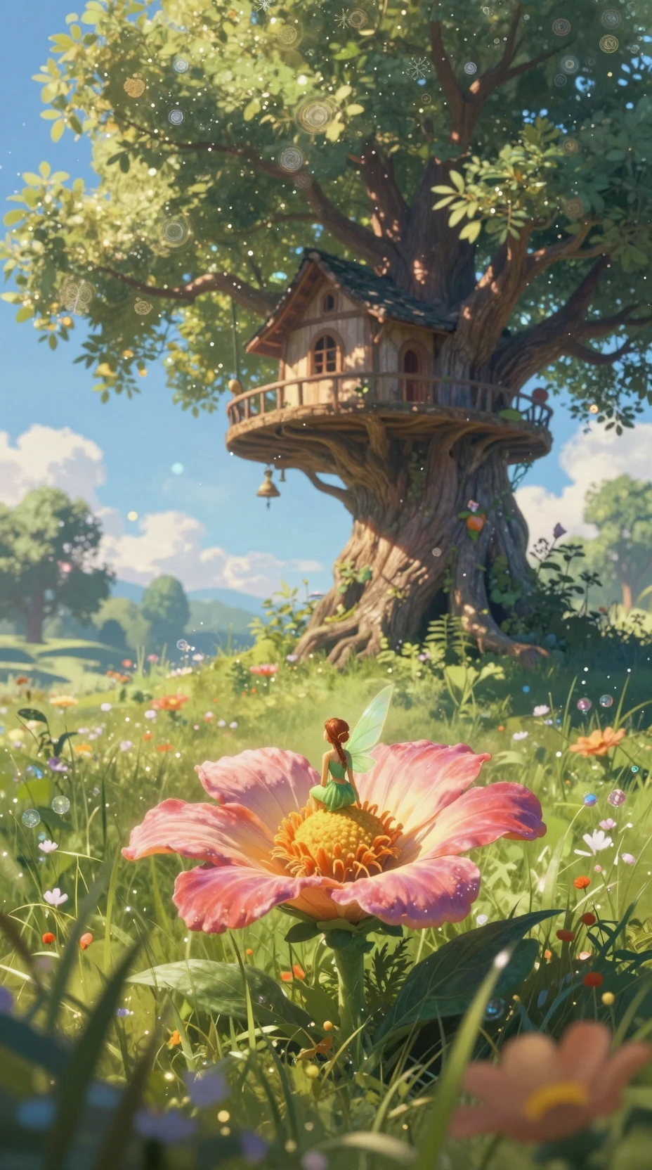 Winzige Fee, die friedlich unter einer leuchtenden Wiesenblume ruht