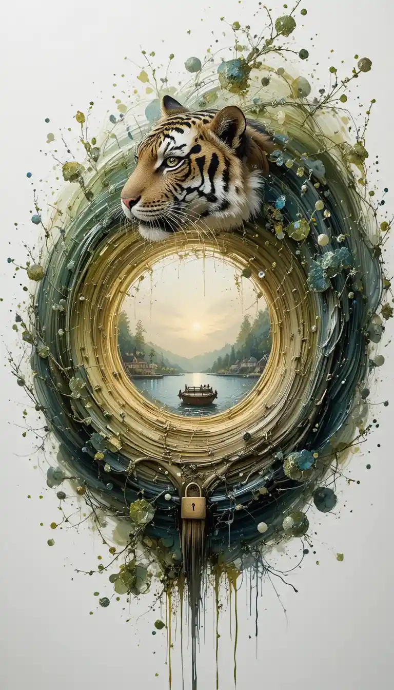 Textured acrylic tiger merging with glowing lake landscape