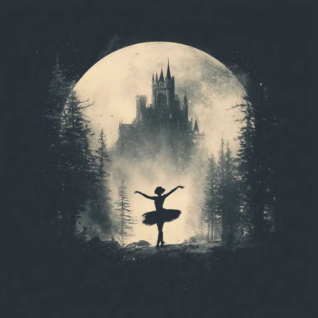 Silhouetted ballerina dancing before a giant silver moon