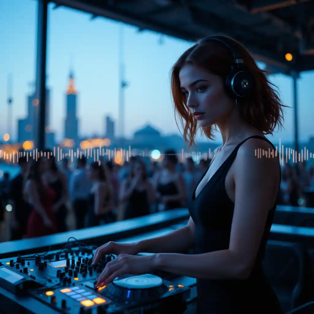 DJ donna che mixa su un rooftop a una festa in città al crepuscolo