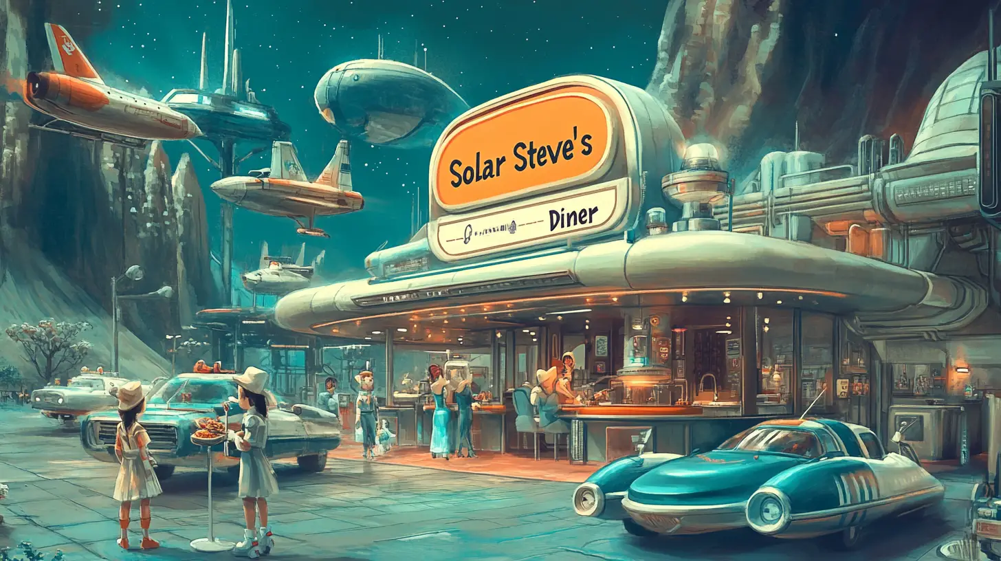 Colorful space diner bustling with ships and rocket boot waitresses