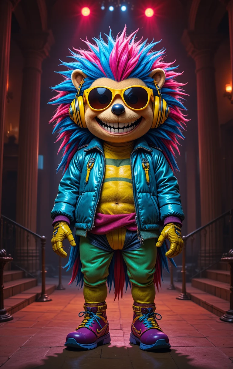 Colorful hedgehog mascot in a vibrant indoor stage scene