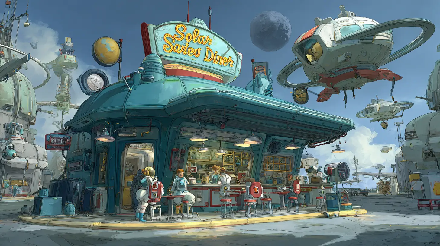 Retro space diner with family ships and rocket boot servers