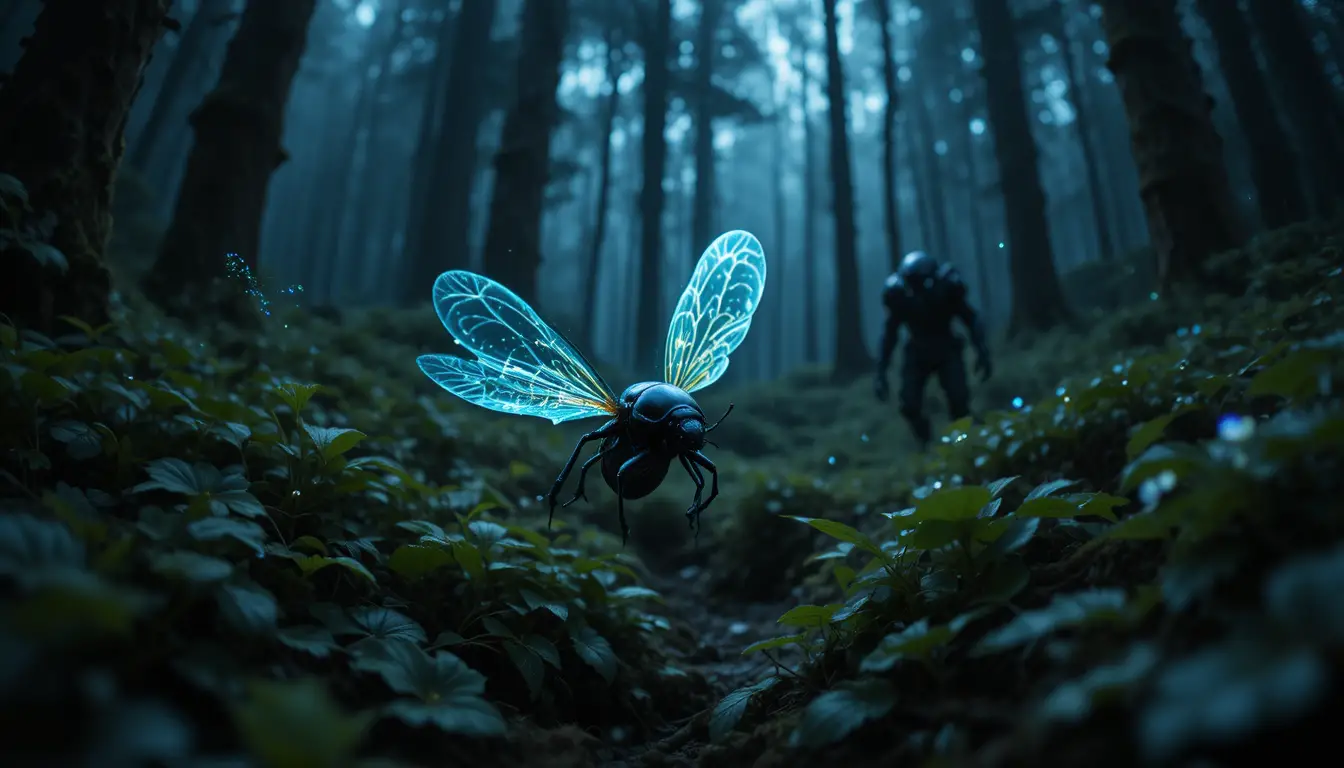 Glowing scarab beetle in a mystical dusk forest