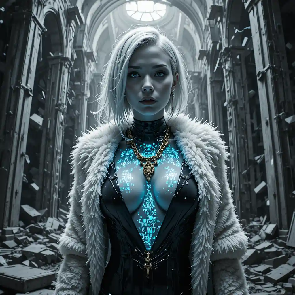 Cinematic cyberpunk heroine in collapsing orbital data cathedral