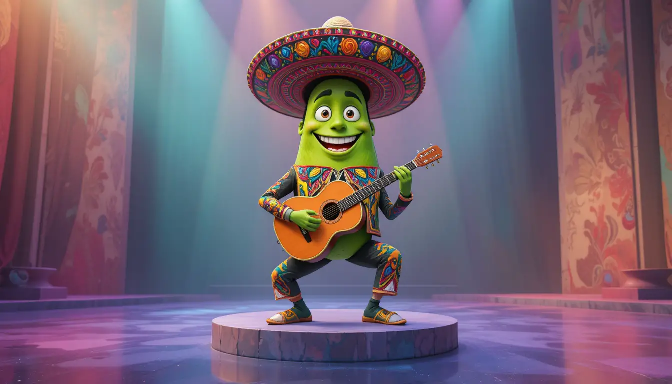 Grünes Avocado-Maskottchen spielt Gitarre auf reflektierender Bühne