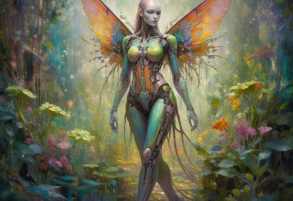 Tall cyborg fae woman walking through a colorful garden