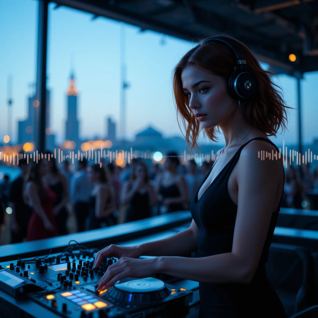 DJ donna che mixa su un rooftop a una festa in città al crepuscolo