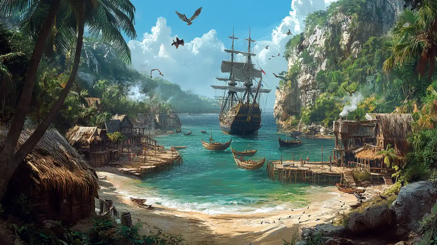 Suggestiva cala dei pirati con navi e capanne nella giungla