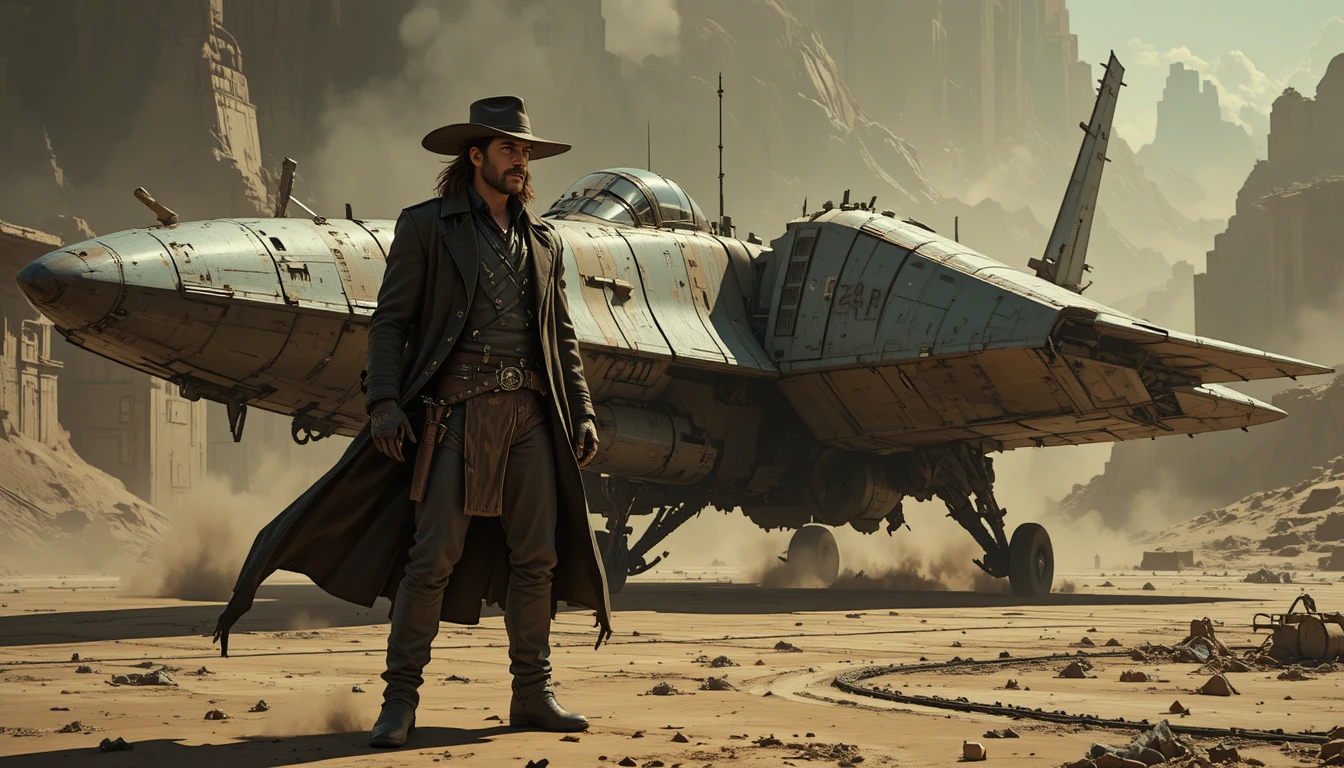 Rebellious space cowboy beside a weathered starfighter