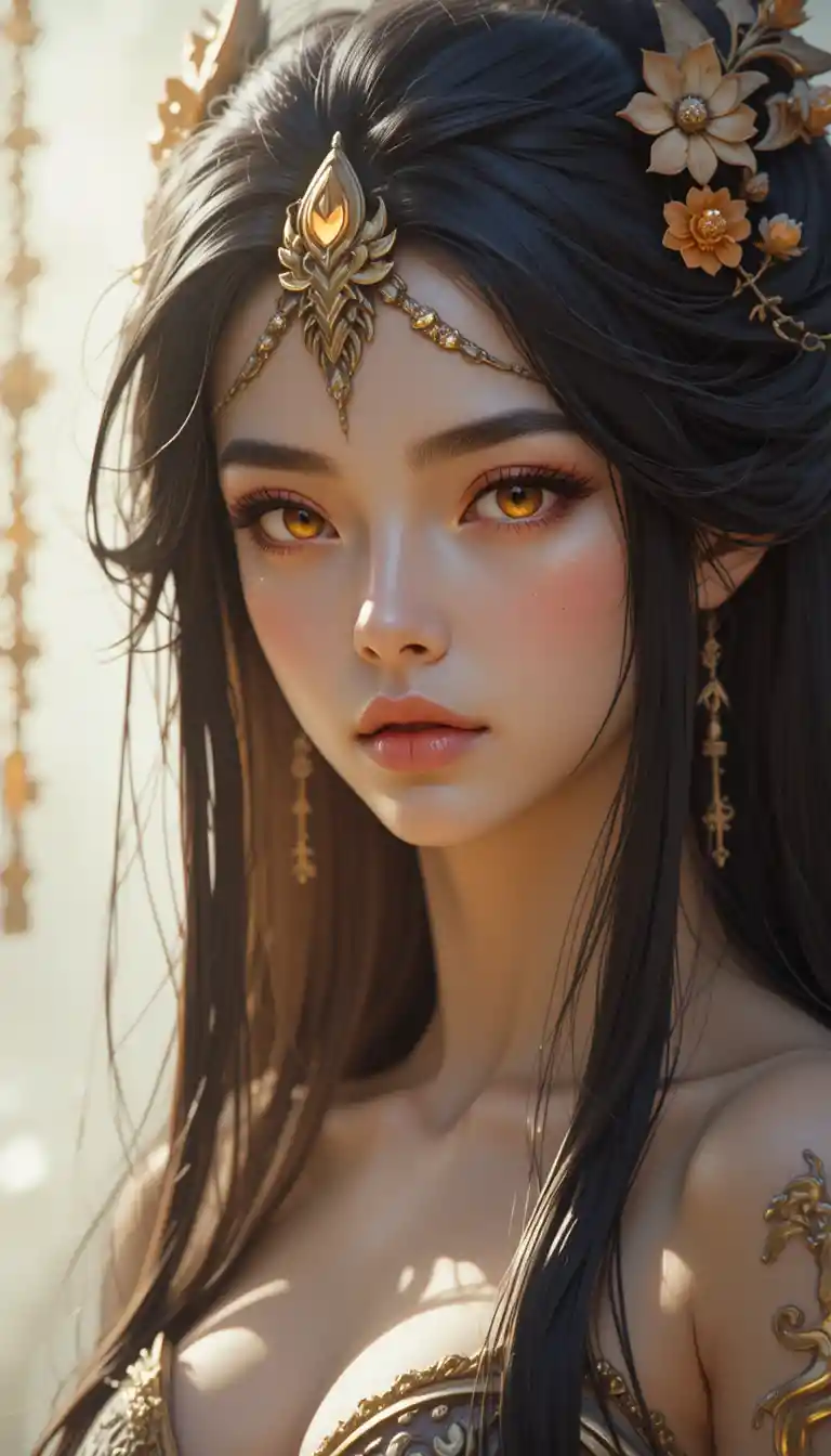 Dragon woman with amber eyes and long black hair