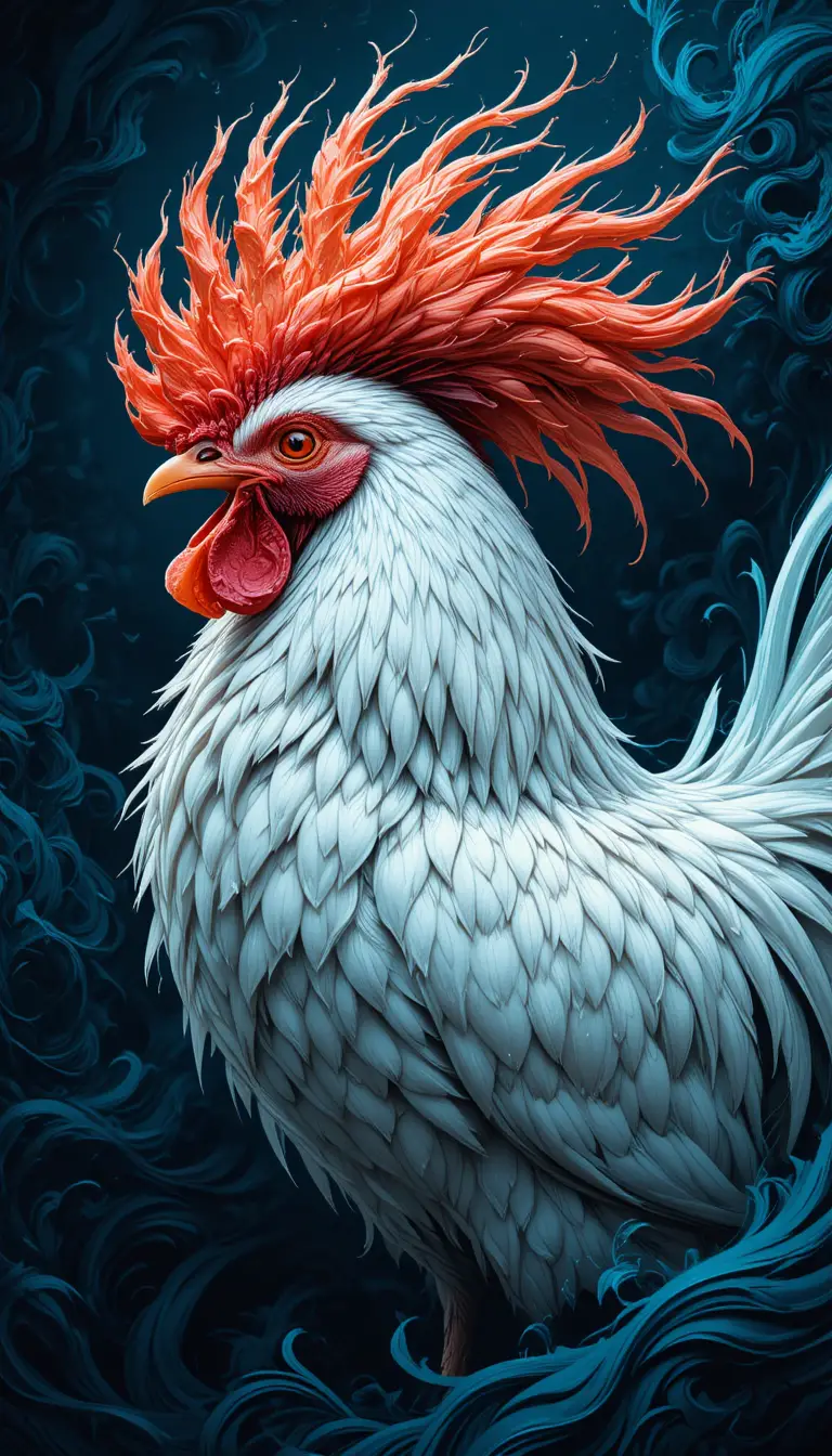 Dynamic digital rooster portrait with vivid red and orange plumage