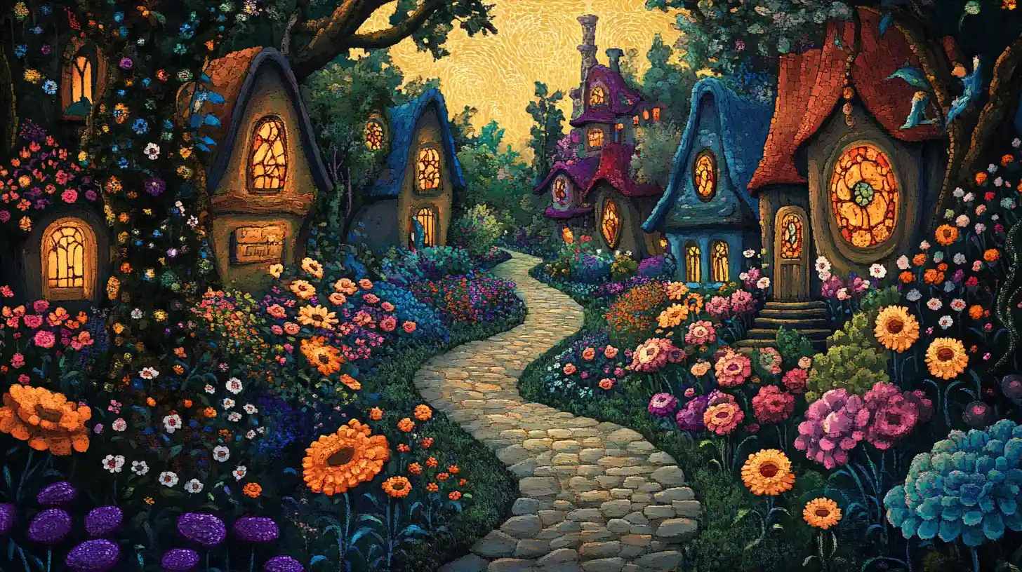 Whimsical garden path winding through stained glass cottages