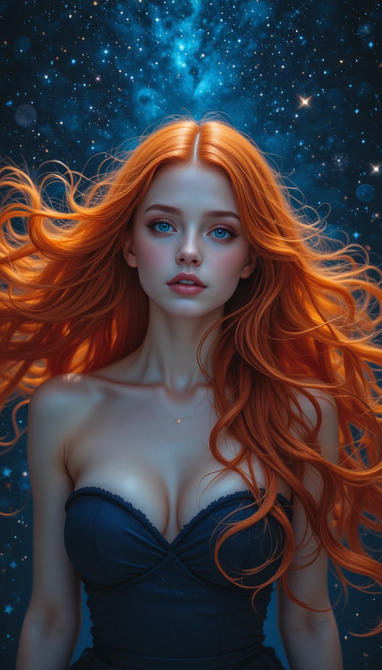 Ethereal red haired woman drifting in cosmic starlit space
