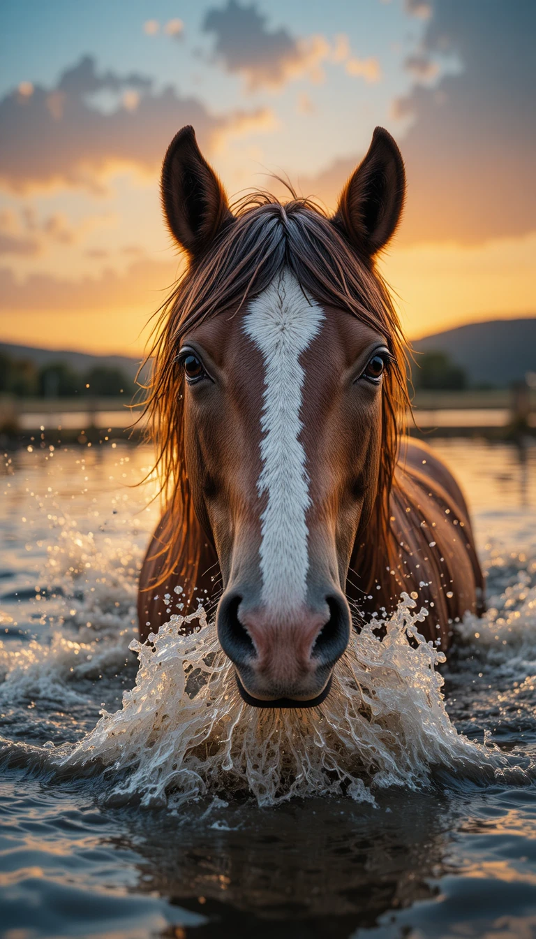 Brown horse in a river at sunset with splashing water