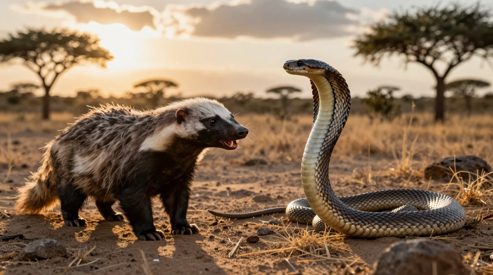 Honey badger and cobra standoff in golden savanna sunset
