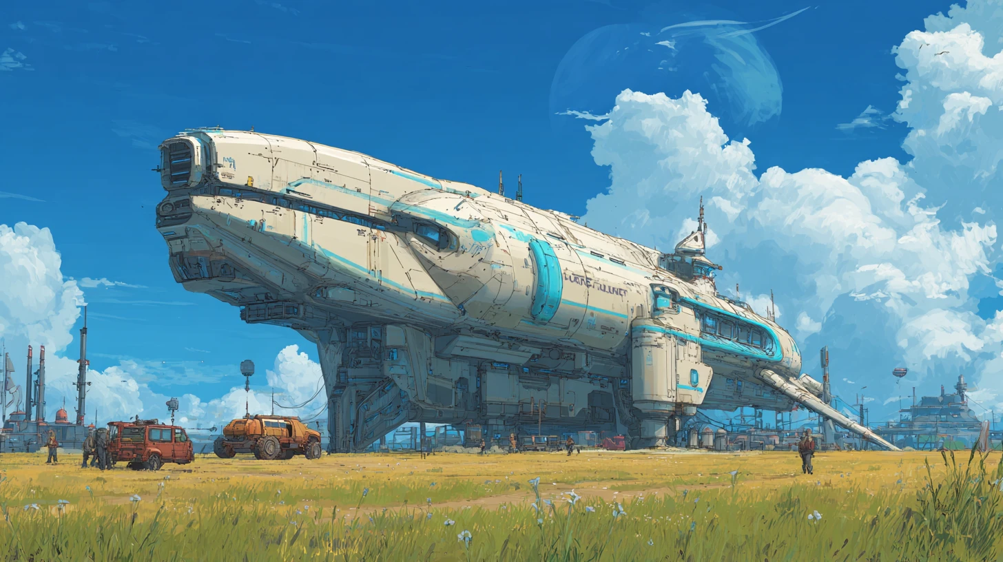 Gigantic tan cargo spaceship landing beside small outpost town