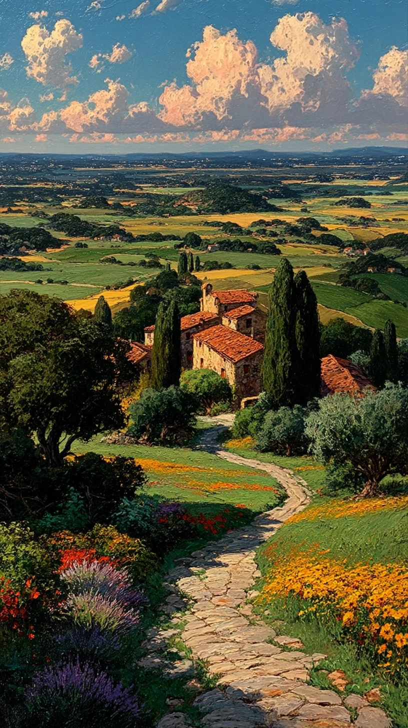 Golden hour landscape of French farmhouses and vineyards