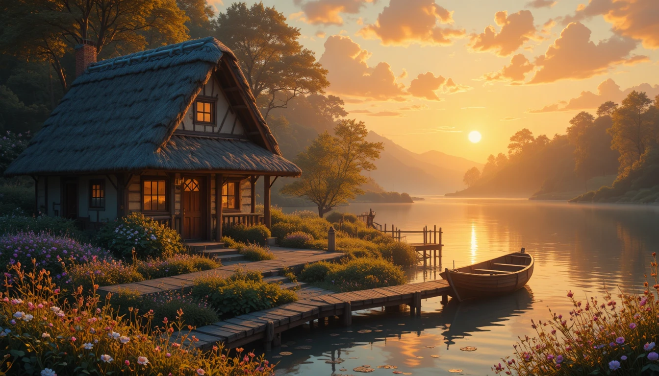 Cozy riverside cabin glowing in warm sunset light