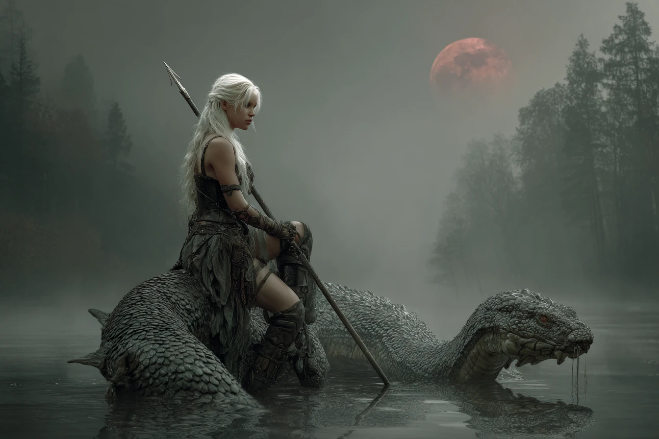 White haired warrior riding a sea serpent in misty swamp