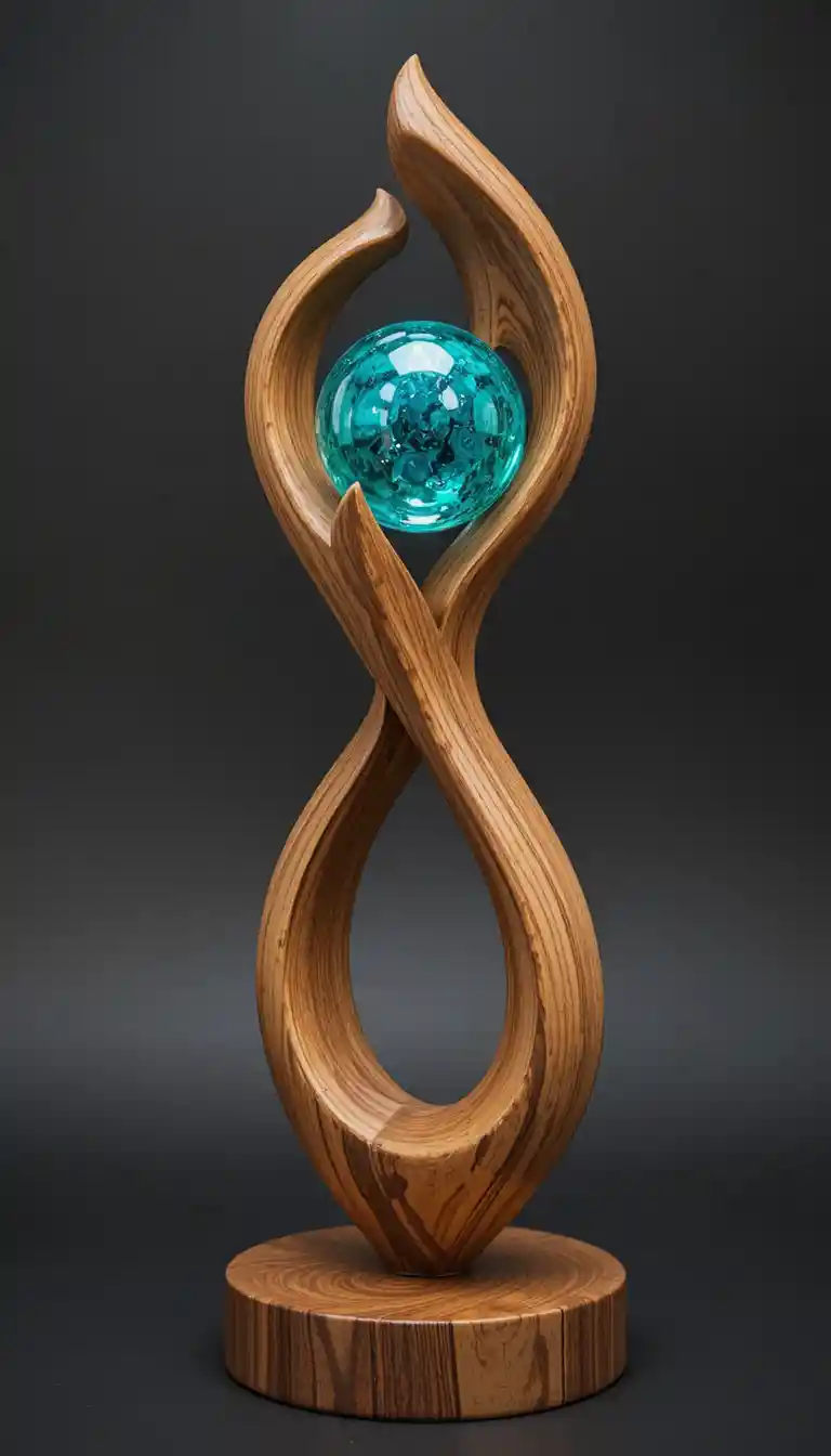 Curved wooden sculpture with teal glass sphere on dark background