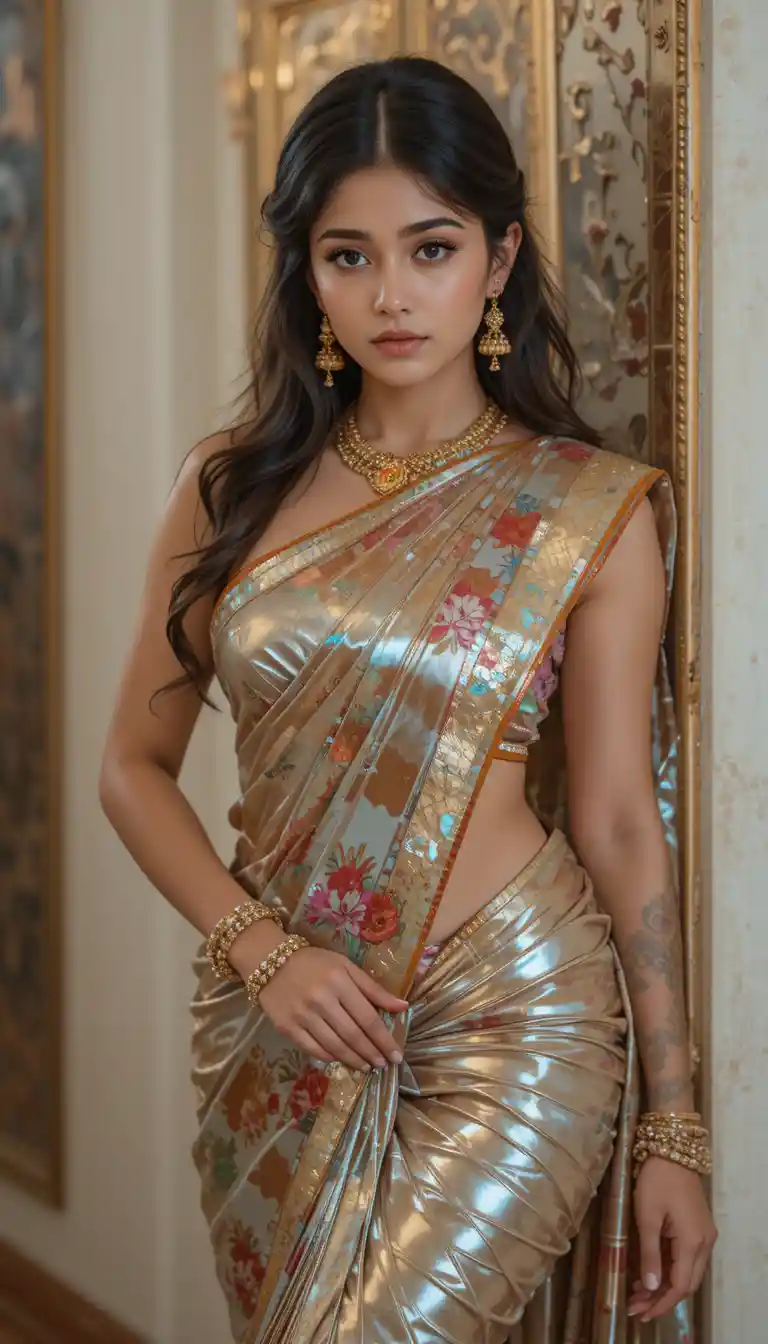 Full body woman in saree with revealed waist and navel