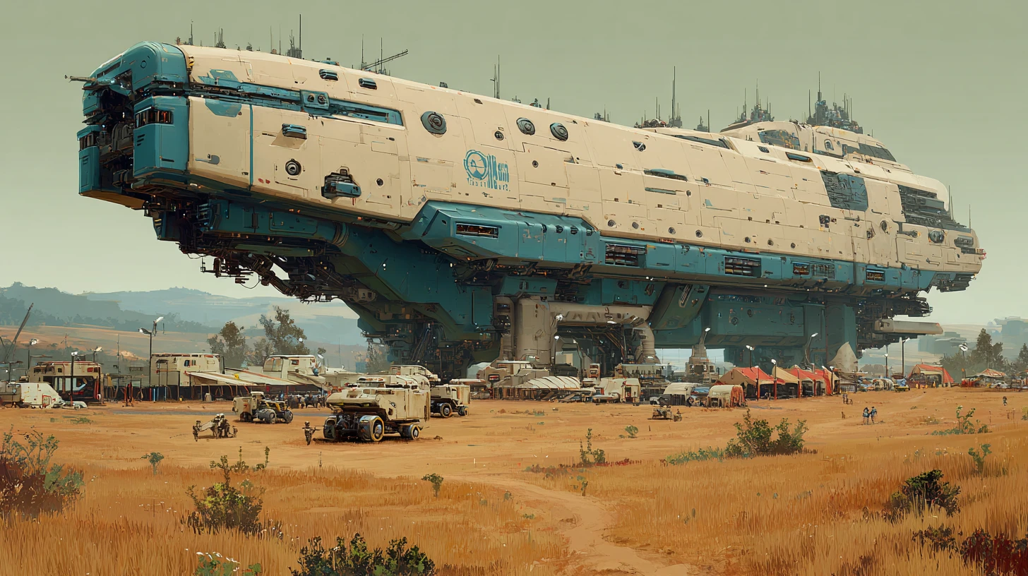 Massive cargo spaceship landing beside small frontier outpost