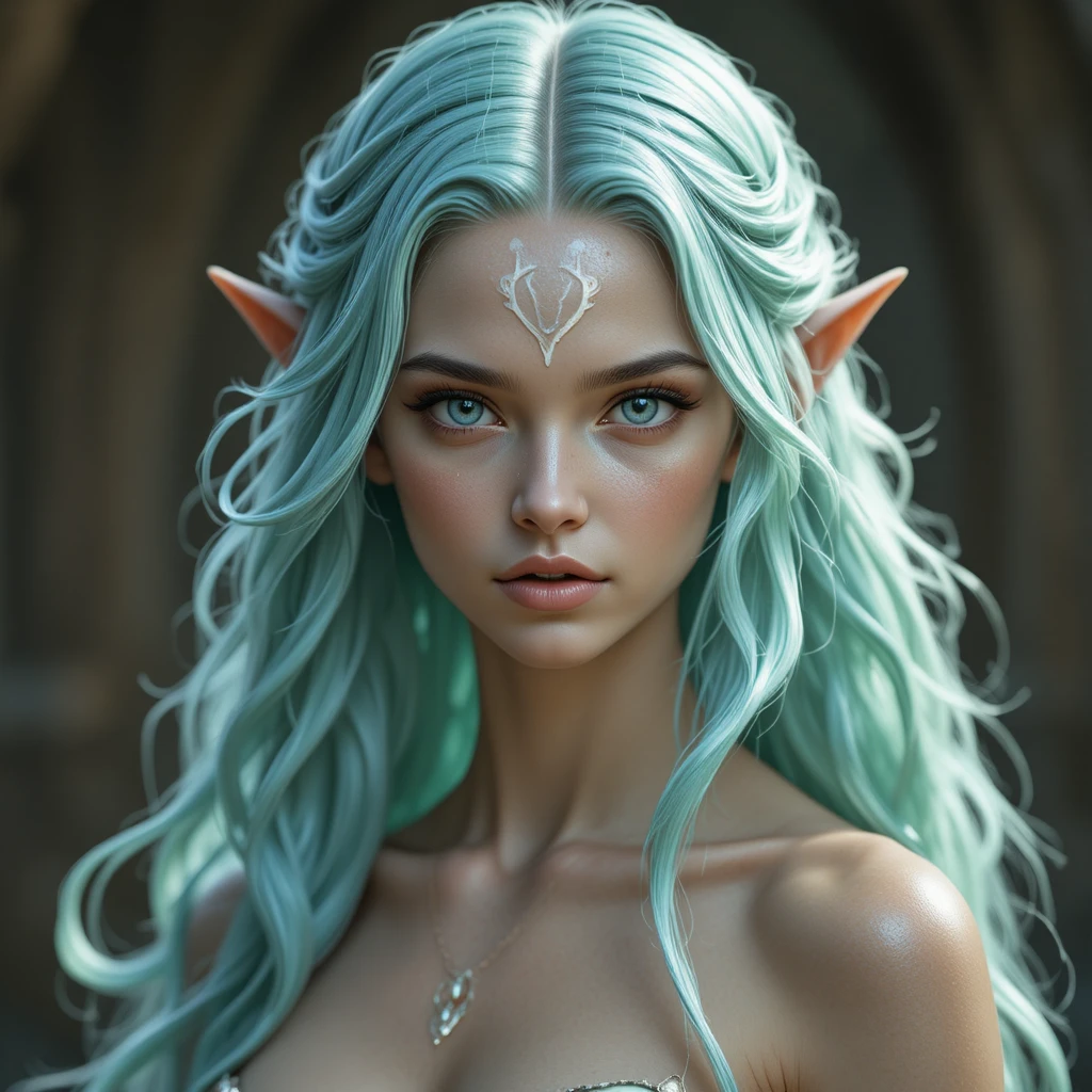 Divine mermaid woman with blue green wavy hair