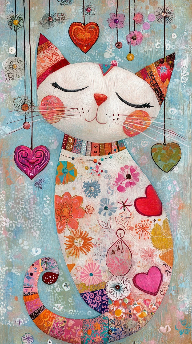 Gato de arte folclórico fantasioso con cuerpo de estampado floral