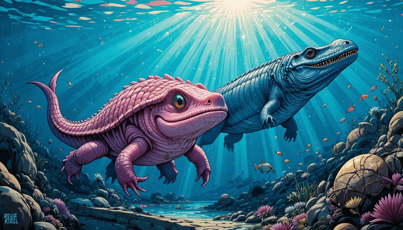Pale pink octopus swimming in clear blue prehistoric sea