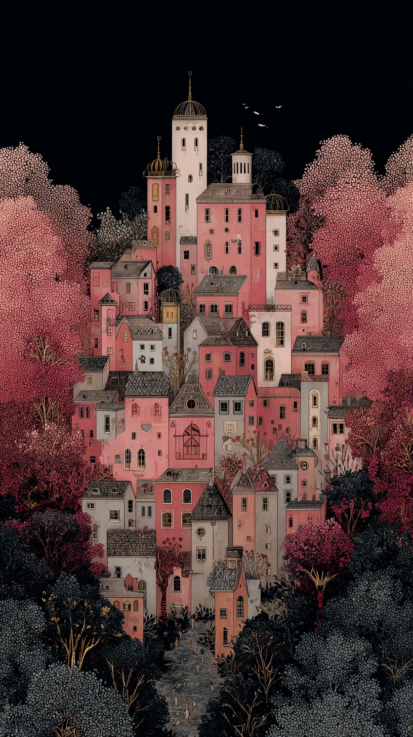 Melancholic surreal figure in warm pink and indigo hues