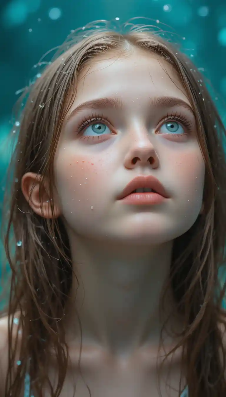 Curious young girl with wet hair looking up softly