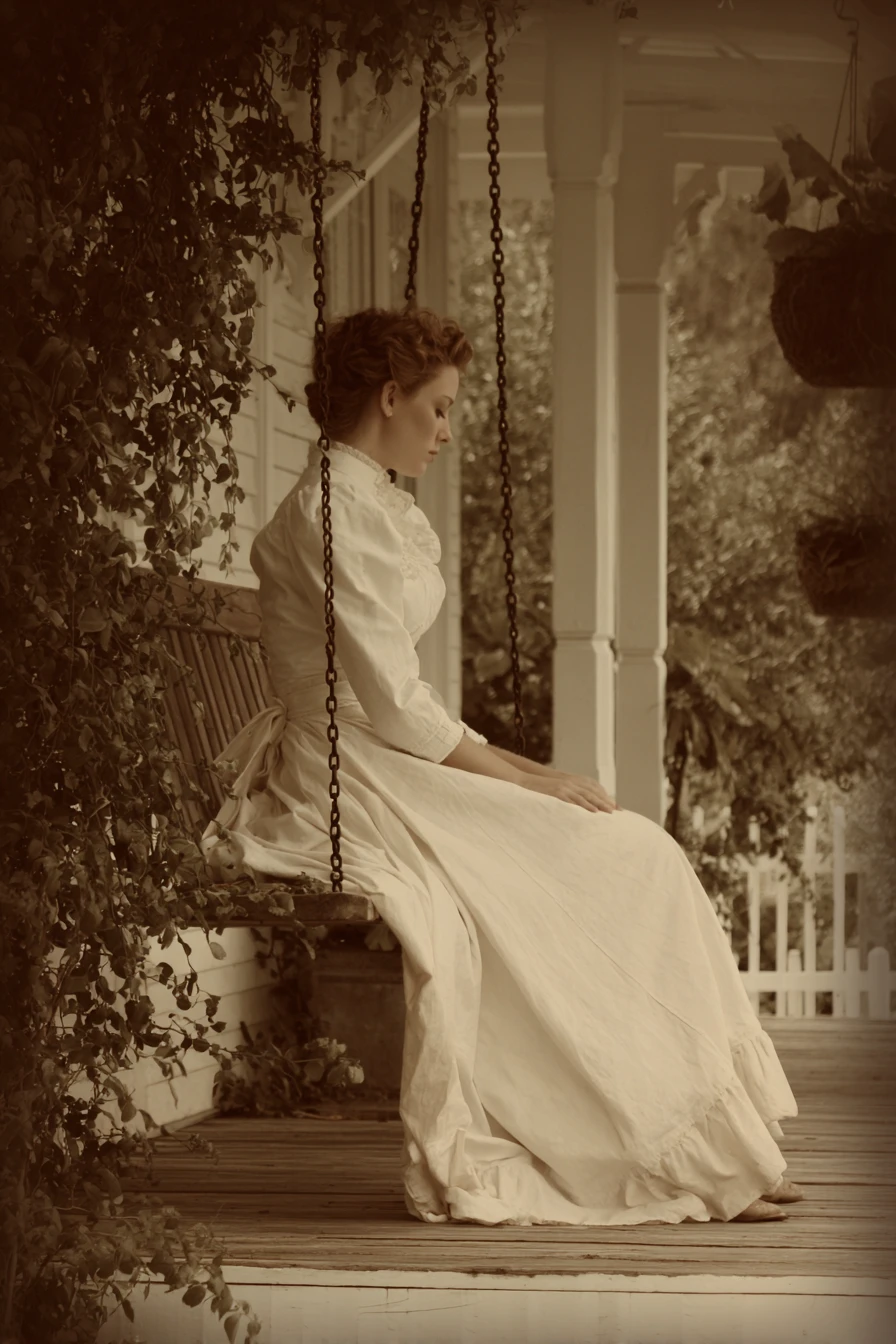 Woman sitting alone on a quiet front porch swing