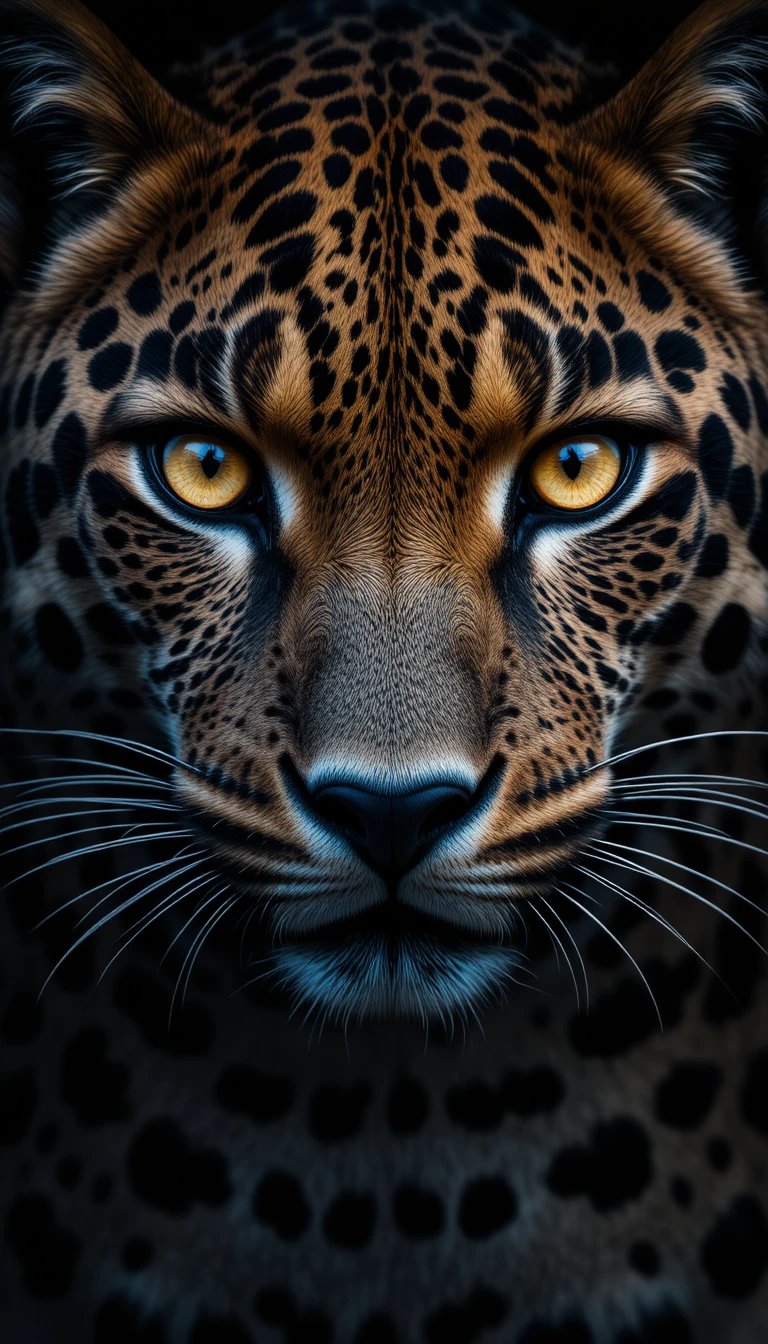 Close up leopard face with piercing yellow eyes on black