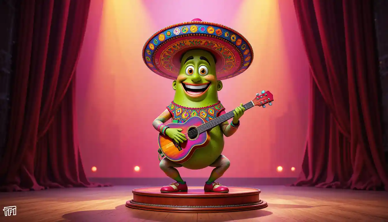 Grünes Avocado-Maskottchen spielt Gitarre auf reflektierender Bühne