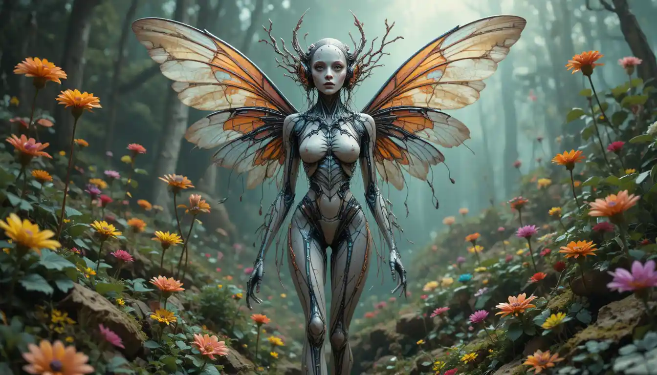 Abstract cyborg fae woman in a colorful fantasy garden