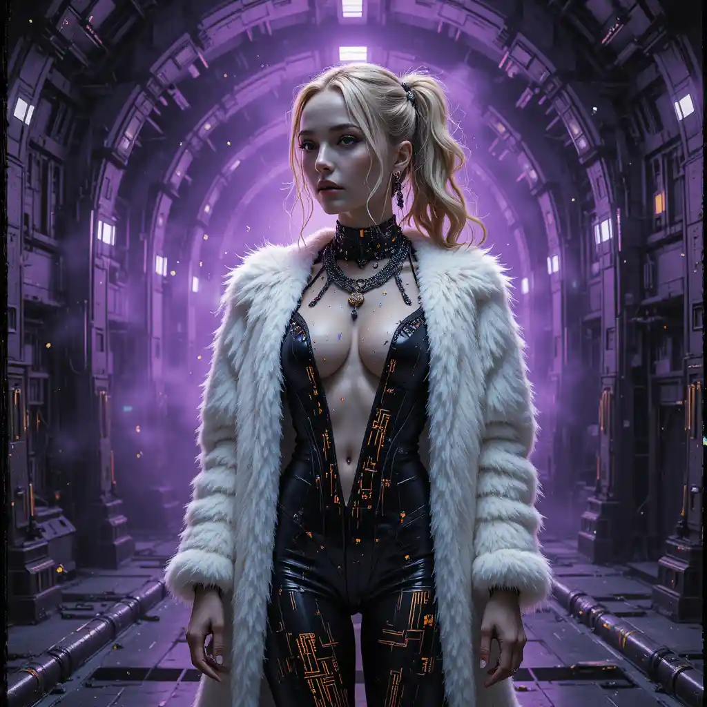 Cyberpunk woman in glitching reactor cathedral interior