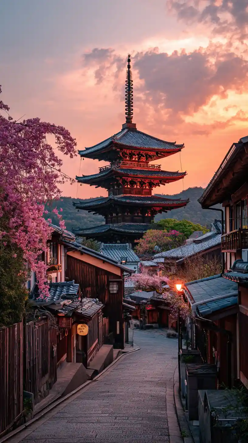 Sunset city street with pagoda on a steep hill