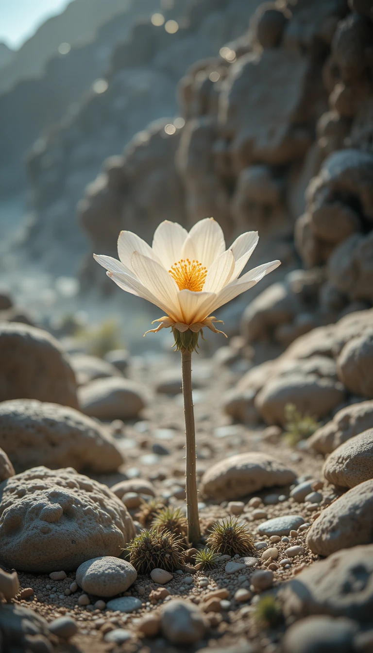 Glowing Desert Flower Illuminating Ancient Symbolic Rocks
