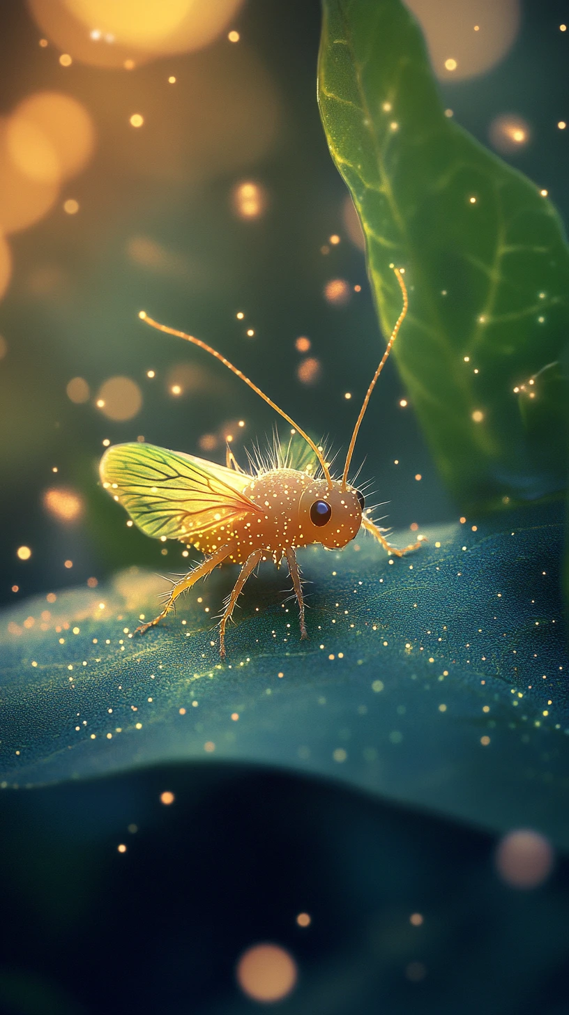 Tiny glowing aphid character resting on a magical leaf