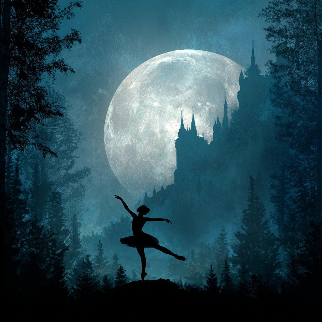 Silhouetted ballerina dancing before a giant silver moon