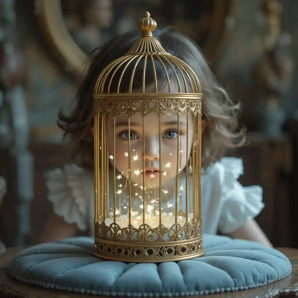 Child watching glowing fireflies in an ornate golden birdcage