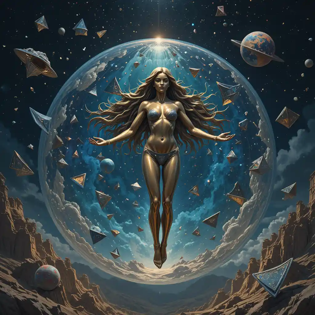 Bronze statue girl with long hair flying through cosmic space